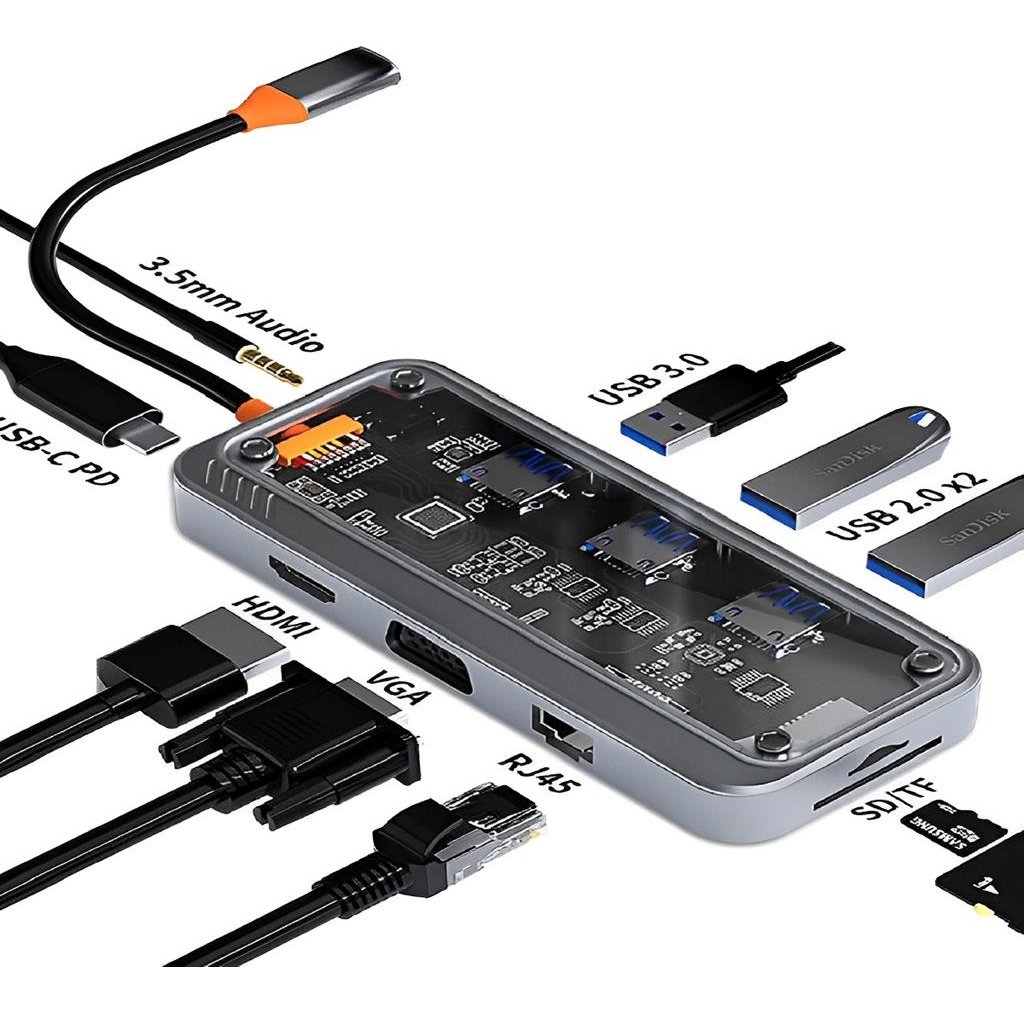 Adaptador Hub Multiportas10 Em 1 Multifuncional Usb-c 3.0 2.0 Ethernet HDMI Fire Phoenix Bk-c4