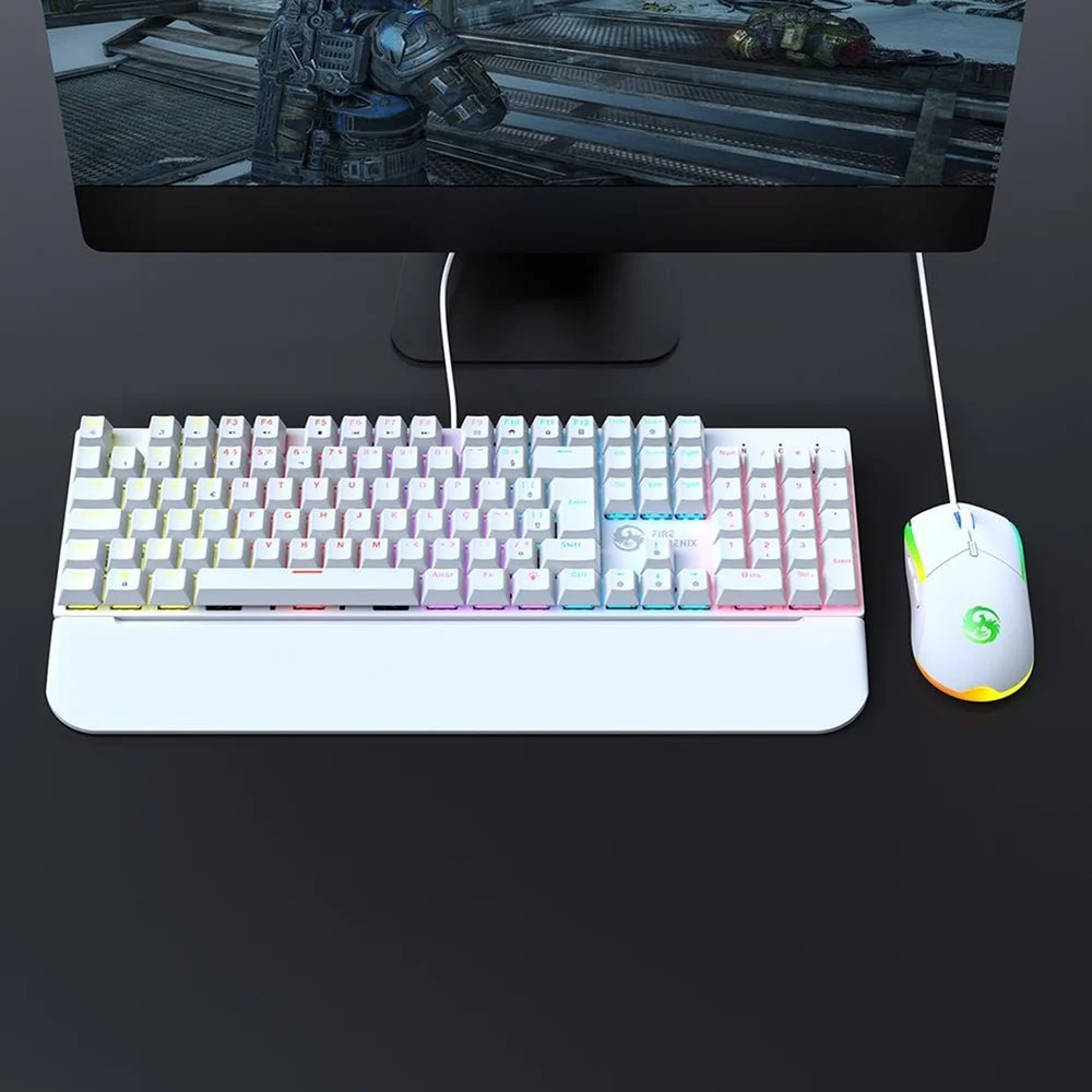 Imagem 2 de 5 do produto Kit Teclado E Mouse Mecânico Gamer Abnt2 LED RGB Switch Blue Usb 3200 Dpi Computador PC Fire Phoenix Bk-03 Branco