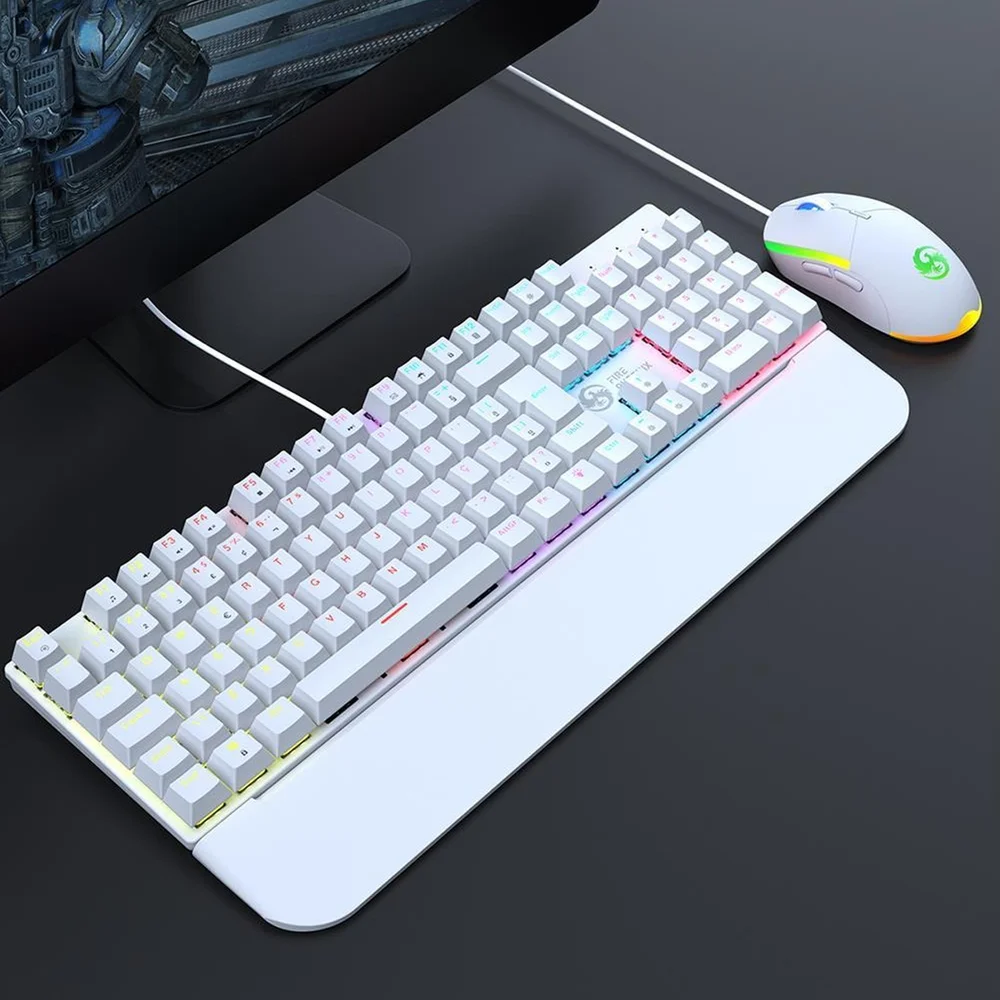 Imagem 3 de 5 do produto Kit Teclado E Mouse Mecânico Gamer Abnt2 LED RGB Switch Blue Usb 3200 Dpi Computador PC Fire Phoenix Bk-03 Branco