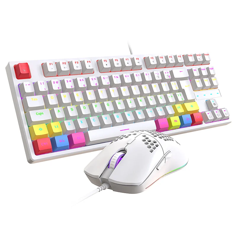 Imagem 2 de 4 do produto Kit Teclado + Mouse Mecanico Abnt2 Gamer LED RGB Switch Blue Fire Phoenix Bk05 Branco