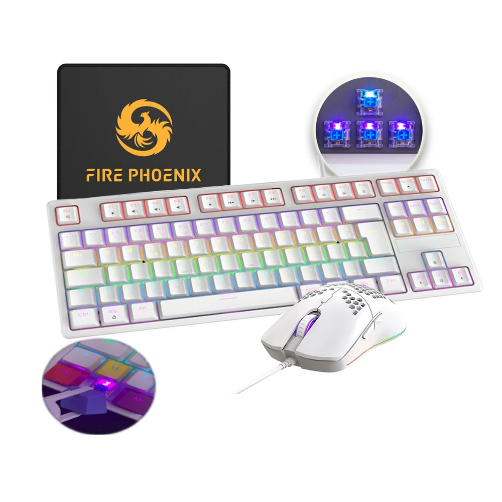 Imagem 4 de 4 do produto Kit Teclado + Mouse Mecanico Abnt2 Gamer LED RGB Switch Blue Fire Phoenix Bk05 Branco