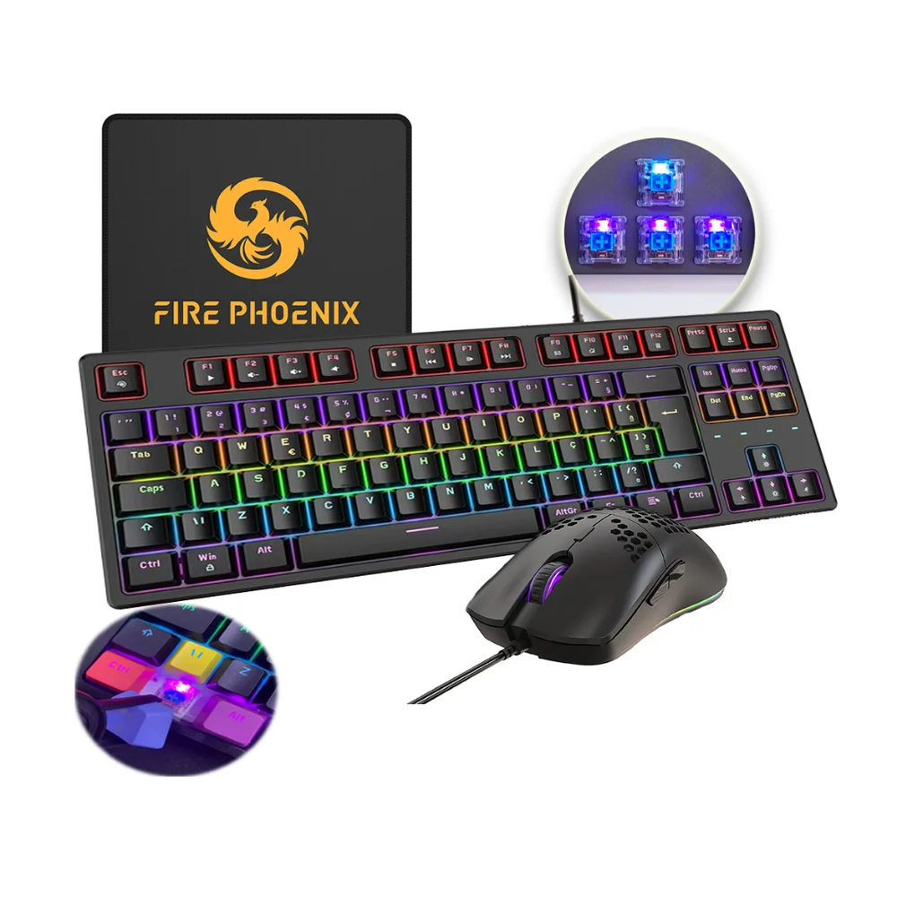 Imagem 4 de 4 do produto Kit Teclado + Mouse Mecanico Abnt2 Gamer LED RGB Switch Blue Fire Phoenix Bk05 Preto
