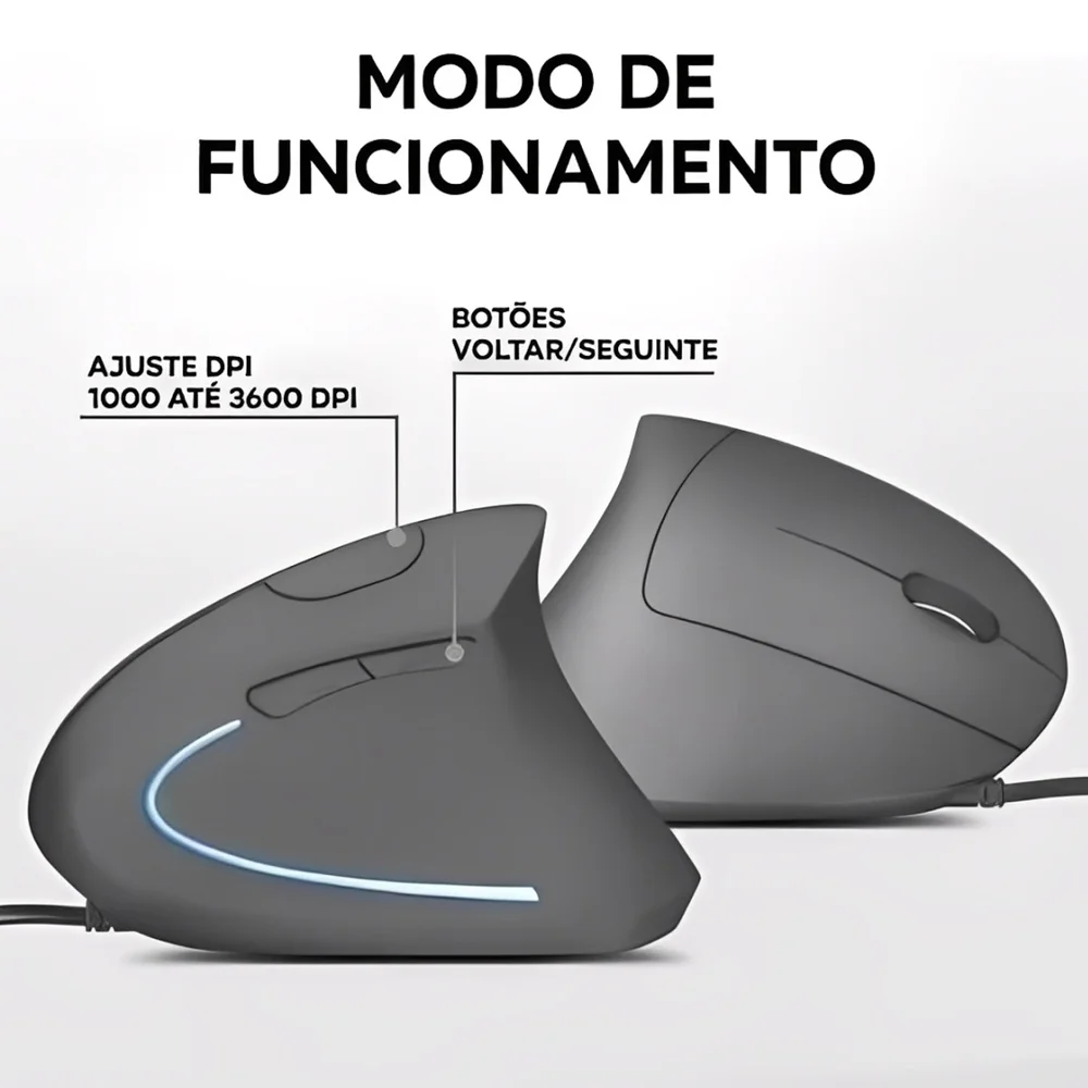 Imagem 3 de 4 do produto Mouse Vertical Verto Ergonomico Luz LED Usb Com Fio 3600 Dpi Fire Phoenix Preto D5
