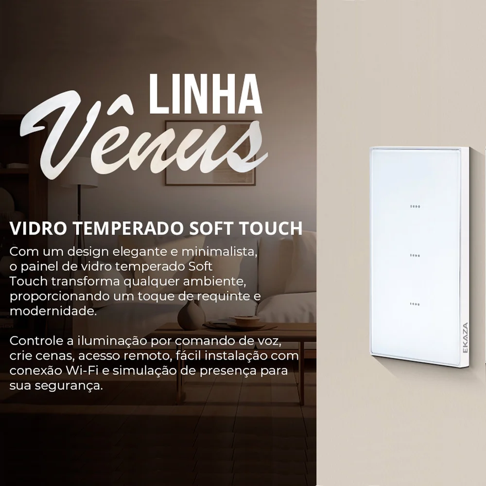 Imagem 4 de 5 do produto Interruptor Inteligente Wifi Vênus 3 Botões Soft Touch Branco Ekaza Alexa E Google - Branco
