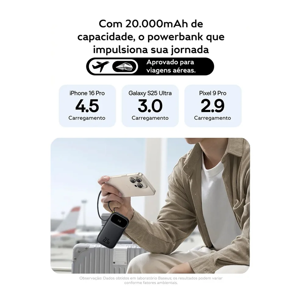 Imagem 3 de 5 do produto Powerbank Turbo Baseus Fc31 Qpow 3 Com Display Digital E Cabo Embutido 22.5w 20000mah Preto