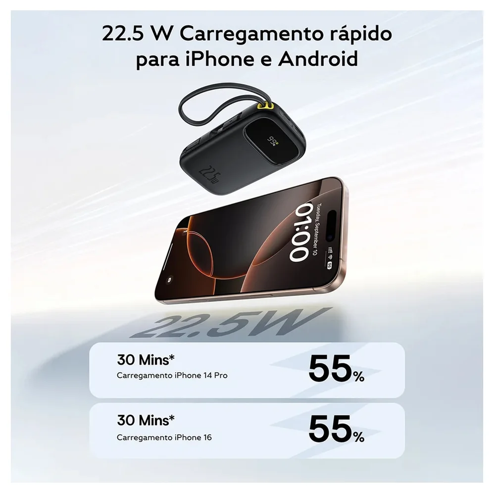 Imagem 5 de 5 do produto Powerbank Turbo Baseus Fc31 Qpow 3 Com Display Digital E Cabo Embutido 22.5w 20000mah Preto