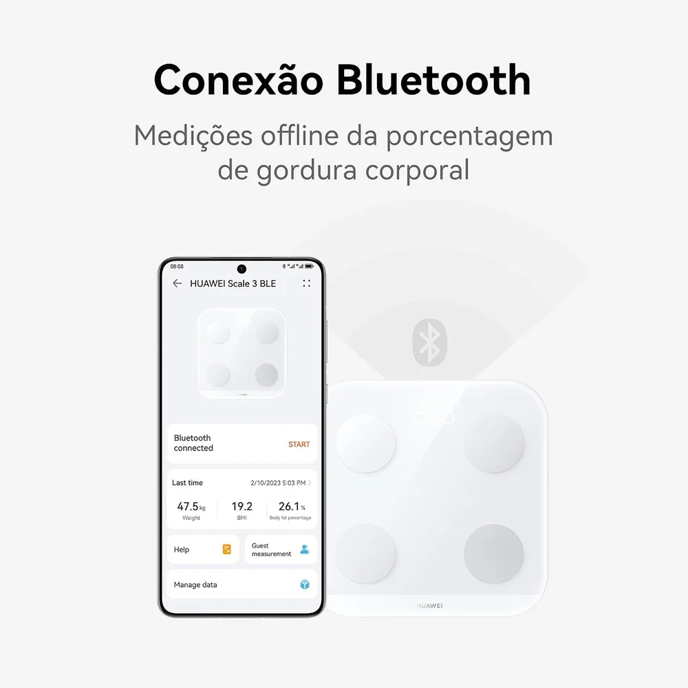 Imagem 3 de 5 do produto Balança Bioimpedância Inteligente Huawei Scale 3, Wifi, Bluetooth, Até 150Kg, Android, ou iOS, Branco - SCALE3