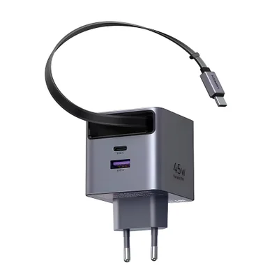 Carregador Ugreen 45w Usb-c Gan 2 Portas Cabo Usb C Retrátil