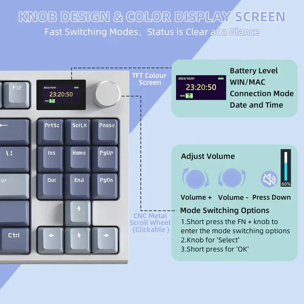 Imagem 4 de 5 do produto Teclado Mecânico Gamer Bluetooth Tri Mode 2.4g Attack Shark Com Tela K86RGB Lavanda