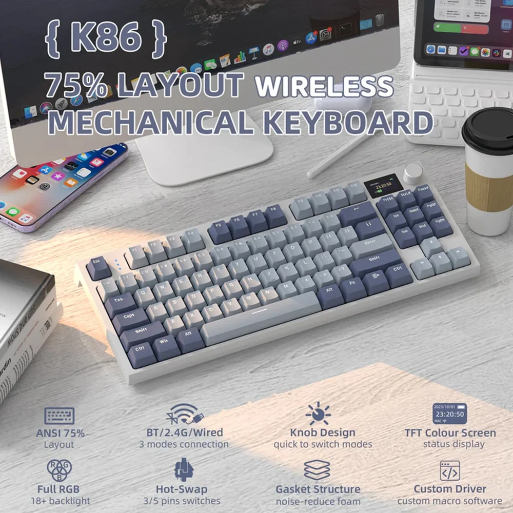 Imagem 5 de 5 do produto Teclado Mecânico Gamer Bluetooth Tri Mode 2.4g Attack Shark Com Tela K86RGB Lavanda