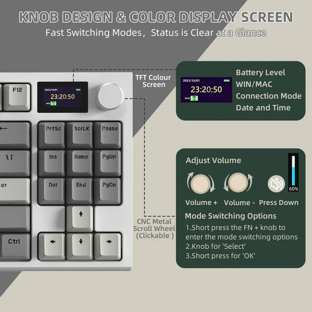 Imagem 2 de 5 do produto Teclado Mecânico Gamer Bluetooth Tri Mode 2.4g Attack Shark Com Tela K86RGB Cinza