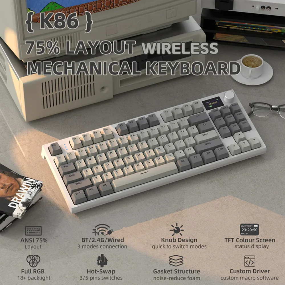 Imagem 5 de 5 do produto Teclado Mecânico Gamer Bluetooth Tri Mode 2.4g Attack Shark Com Tela K86RGB Cinza