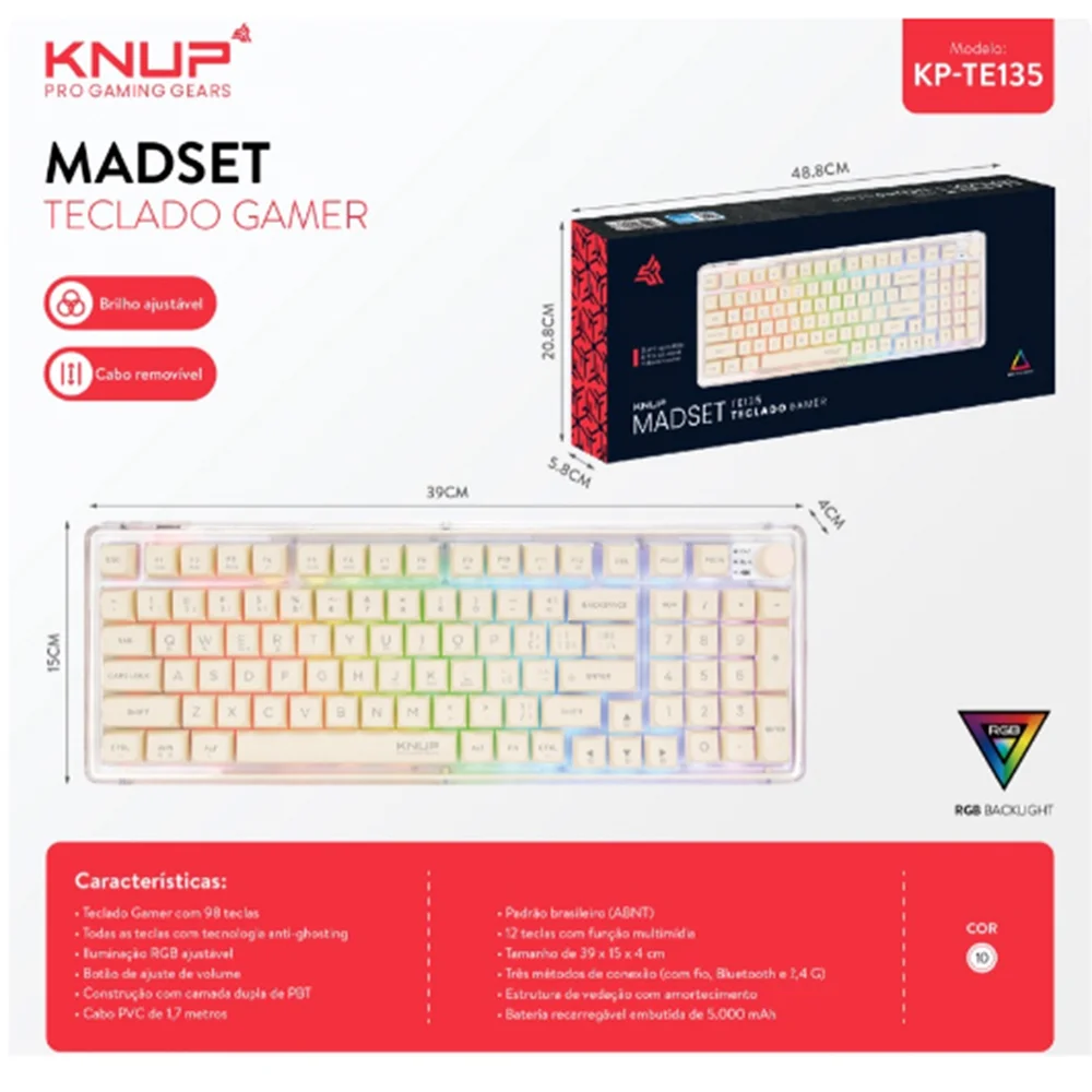 Imagem 3 de 5 do produto Teclado Mecânico RGB Sem Fio Knup Kp-te135 – Switch Blue, Anti-ghosting E Roda Multifuncional