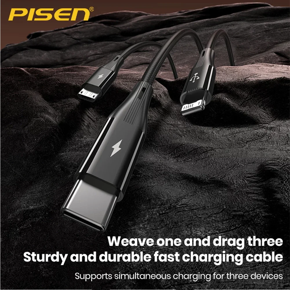 Imagem 3 de 5 do produto Cabo Usb A Pisen 3 Em 1 Para Lightning/usb-c/micro 1.2m