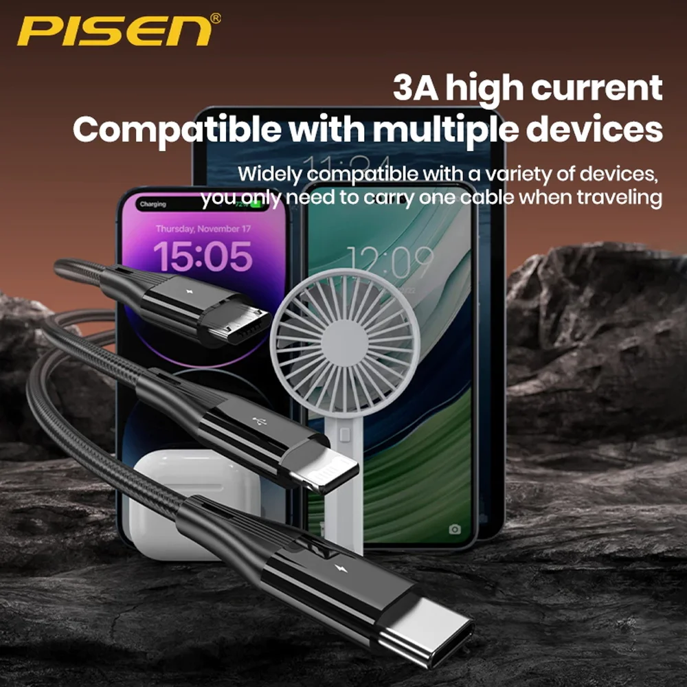 Imagem 4 de 5 do produto Cabo Usb A Pisen 3 Em 1 Para Lightning/usb-c/micro 1.2m