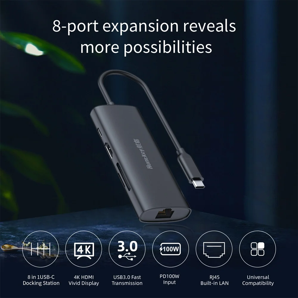 Imagem 3 de 5 do produto Hub Usb C Huntkey 8 In 1 Pd 100w HDMI 4k/30hz Preto