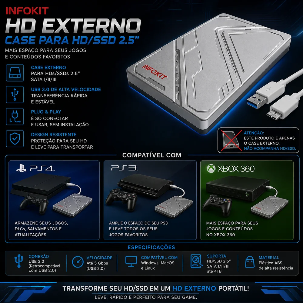 HD Externo 1TB USB 3.0 p/ PC Notebook Videogame TV - Várias Marcas
