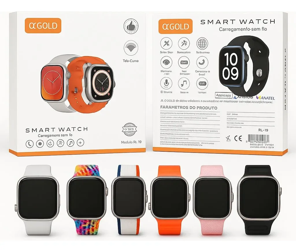 Relógios Smartwatch Inteligente A'gold Rl-18 C/6 Pulseiras Caixa Prateado Pulseira 6 Bisel Preto Desenho Da Pulseira Mesh