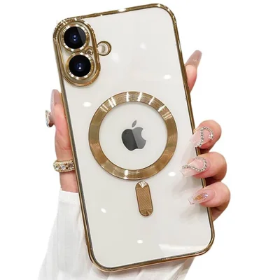 Capa Magnética Compatível com Magsafe para o iPhone 17 - Proteção Completa nas Lentes das Câmeras e Carregamento por Aproximação Cor: Dourado