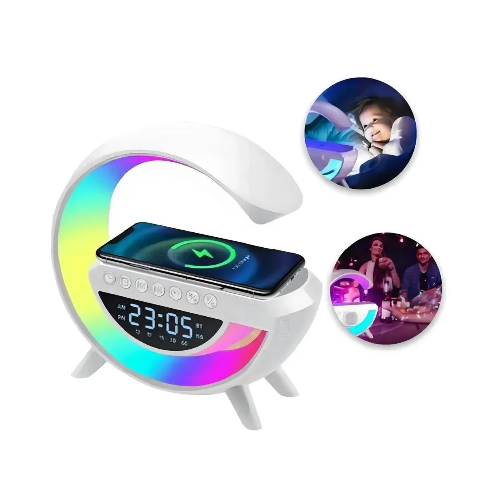Imagem 2 de 5 do produto Luminaria LED G Com Caixa De Som Bluetooth, Relogio E Carregador De Inducao Branca