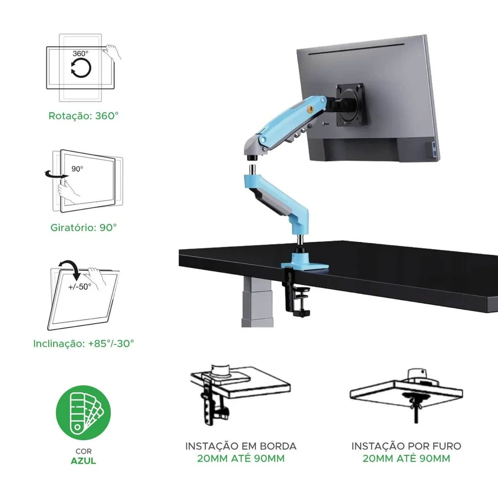 Imagem 2 de 5 do produto Suporte De Monitor Pistao A Gás Articulado 17" A 30" Azul