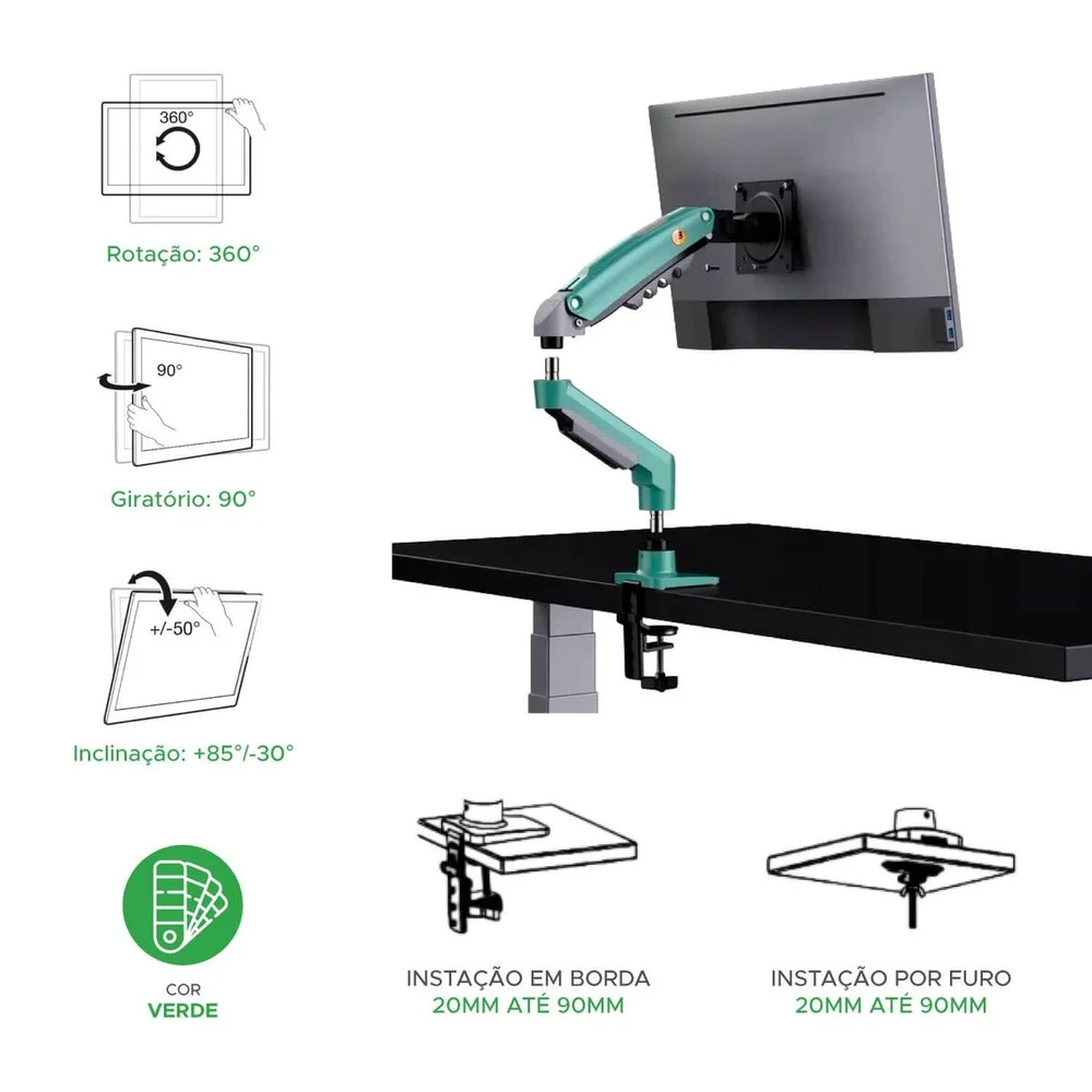 Imagem 3 de 4 do produto Suporte De Monitor Pistao A Gás Articulado 17" A 30" Verde