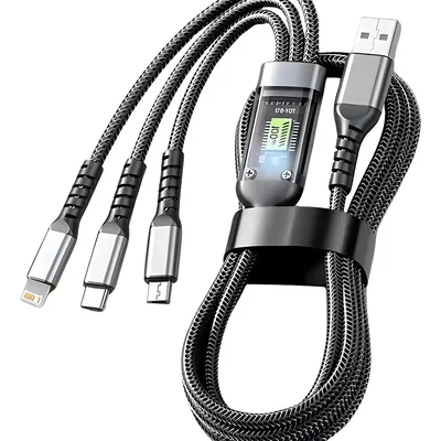 Cabo Carregador 3 Em 1 Turbo 100w Tipo C, V8, Para Iphone Cor Cinza