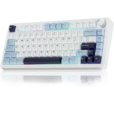 Teclado Mecânico Gamer Aula F75 Azul Glacial 75% Sem Fio Bt5.0/2.4ghz/usb-c Hot-swappable RGB, Reaper Switch