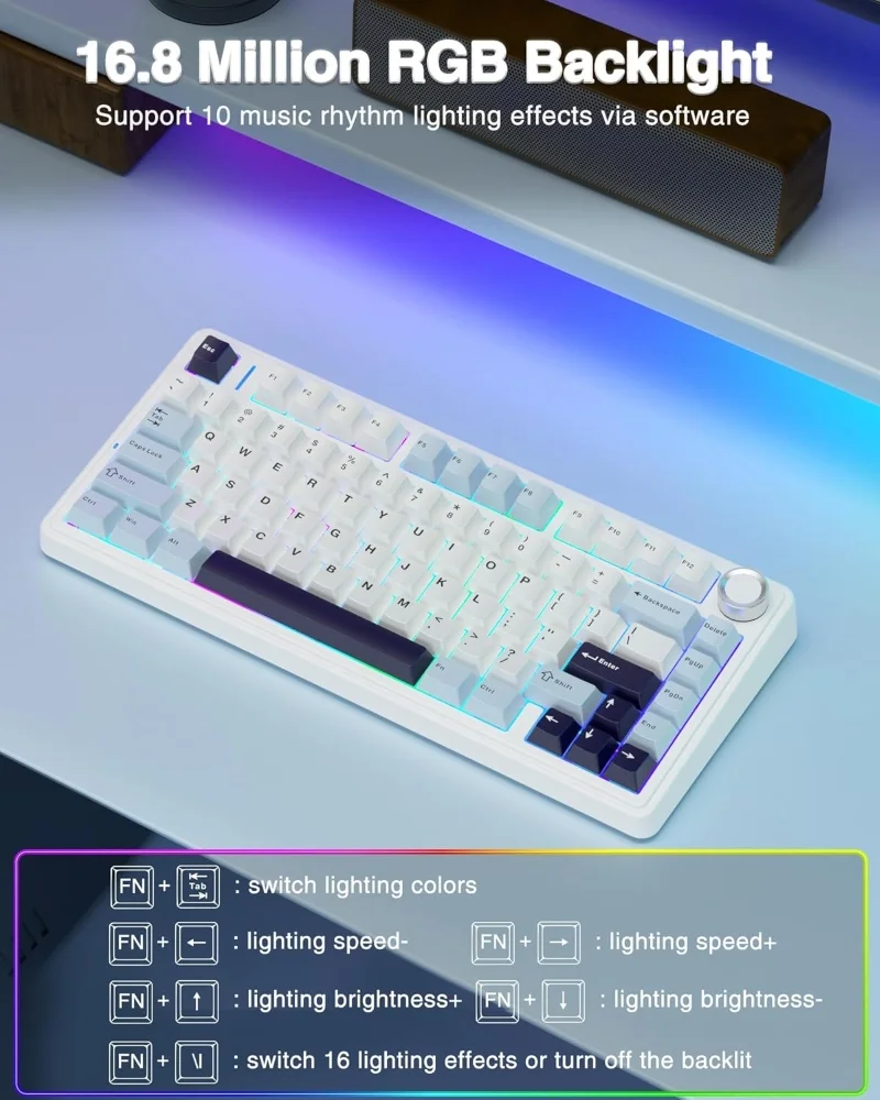 Imagem 2 de 5 do produto Teclado Mecânico Gamer Aula F75 Azul Glacial 75% Sem Fio Bt5.0/2.4ghz/usb-c Hot-swappable RGB, Reaper Switch