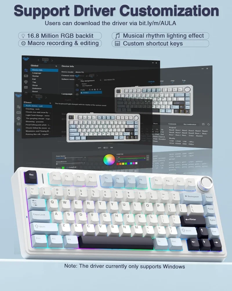 Imagem 3 de 5 do produto Teclado Mecânico Gamer Aula F75 Azul Glacial 75% Sem Fio Bt5.0/2.4ghz/usb-c Hot-swappable RGB, Reaper Switch