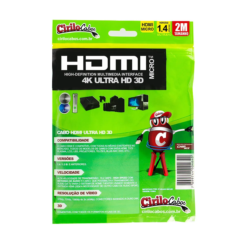Imagem 2 de 3 do produto Cabo Micro HDMI Para HDMI 1.4 Ultra Hd 3d, 2 Metros - Cirilo Cabos
