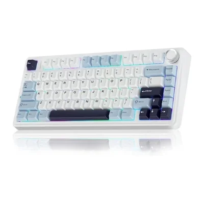 Teclado Mecânico Gamer Aula F75 Azul Glacial 75% Sem Fio Bt5.0/2.4ghz/usb-c Hot-swappable RGB, Reaper Switch