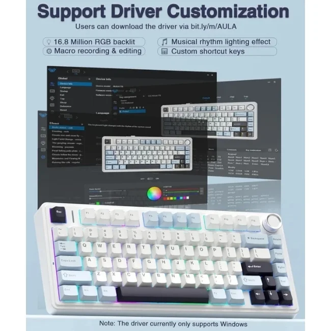 Teclado Mecânico Gamer Aula F75 Azul Glacial 75% Sem Fio Bt5.0/2.4ghz/usb-c Hot-swappable RGB, Reaper Switch