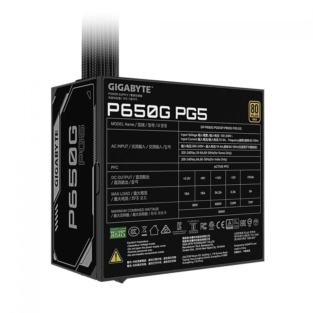 Imagem 3 de 5 do produto Fonte Gigabyte Gp-p650g Pg5, 650w, 80 Plus Gold, Pfc Ativo, PCie 5.1, Atx 3.1, Preta