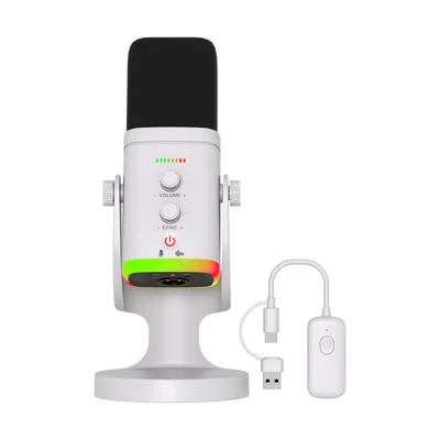 Microfone Gamer Dinâmico Ampligame Sem Fio 2.4g LED RGB Usb Fire Phoenix Bk-am8 Pro Branco