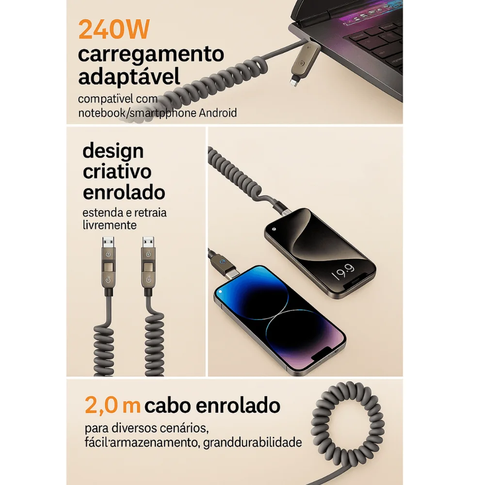 Imagem 4 de 4 do produto Cabo De Dados Mola 4 Em 1 Conexão 2 Metros 240w Eletromex El-3137