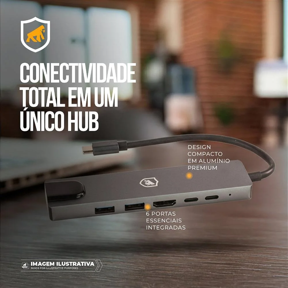 Imagem 2 de 5 do produto Adaptador Hub Usb-c 6 Em 1 Com Rj45 Gigabit, HDMI 4k E Pd 100w Para Notebook - Hybrid - Gshield