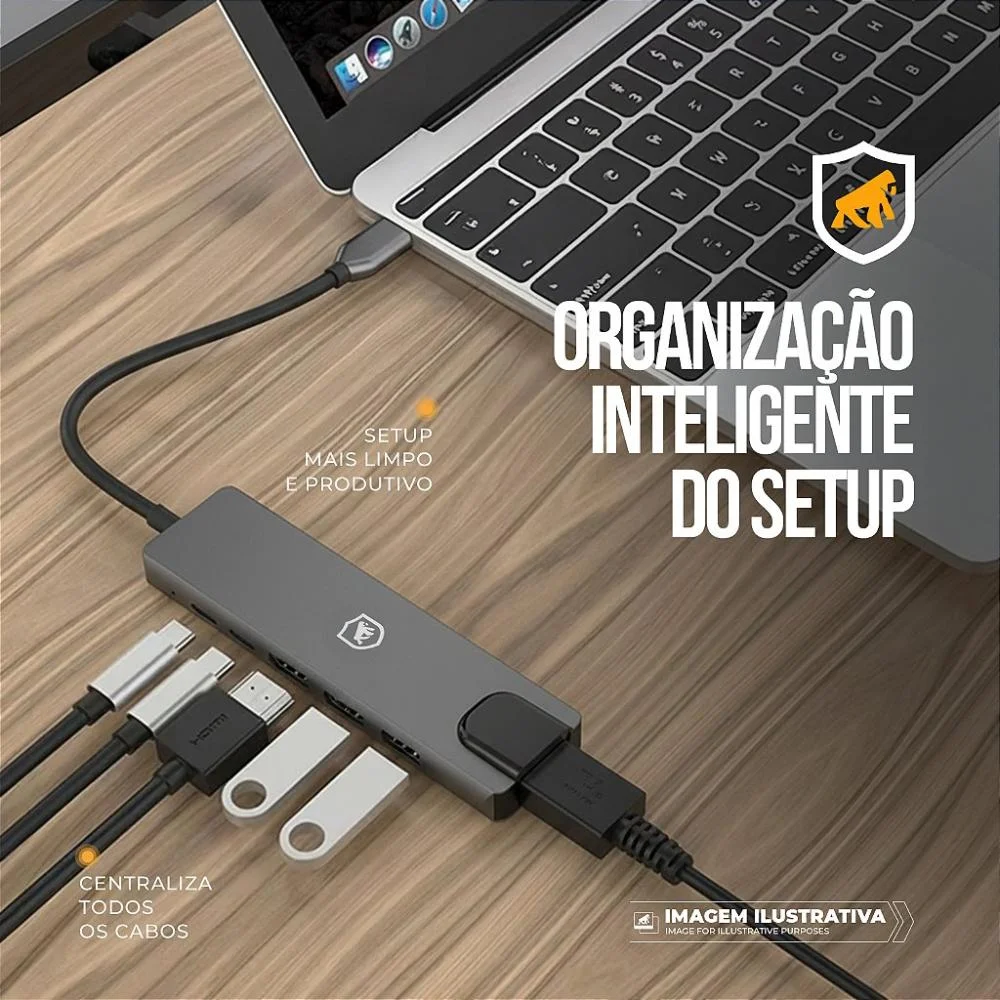 Imagem 3 de 5 do produto Adaptador Hub Usb-c 6 Em 1 Com Rj45 Gigabit, HDMI 4k E Pd 100w Para Notebook - Hybrid - Gshield