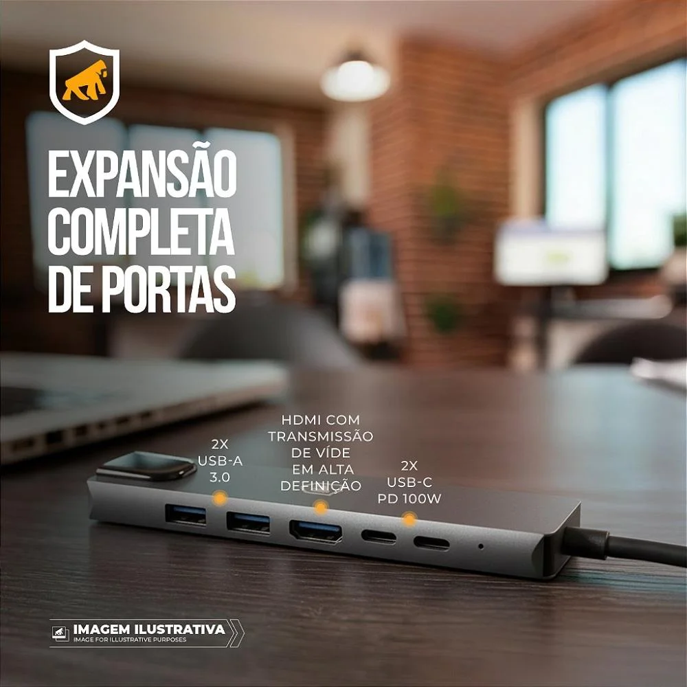 Imagem 4 de 5 do produto Adaptador Hub Usb-c 6 Em 1 Com Rj45 Gigabit, HDMI 4k E Pd 100w Para Notebook - Hybrid - Gshield