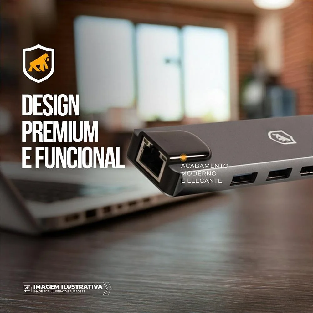 Imagem 5 de 5 do produto Adaptador Hub Usb-c 6 Em 1 Com Rj45 Gigabit, HDMI 4k E Pd 100w Para Notebook - Hybrid - Gshield