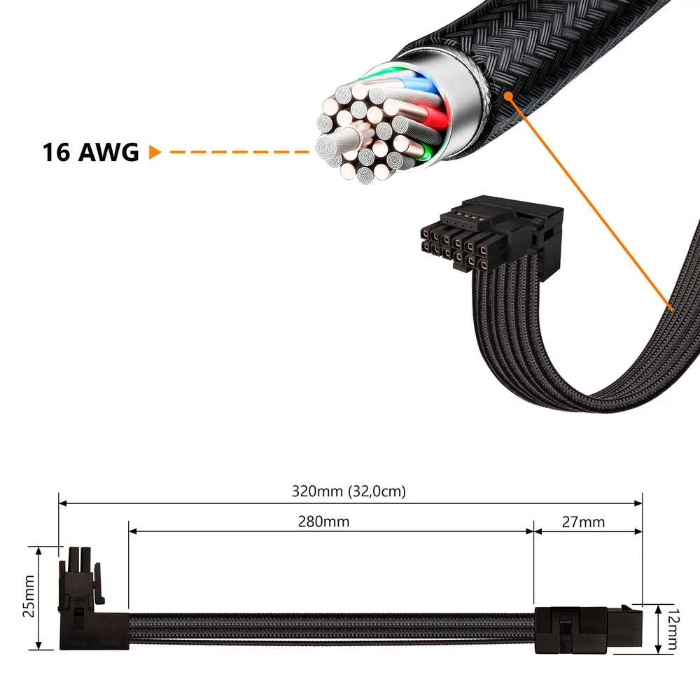 Imagem 2 de 4 do produto Cabo de Extensão Pci-e 5.0 para Placa De Vídeo 16 Pinos (GPU), Curvo 90 Graus, Tipo 12VHPWR, Preto, 4 Pinos (lado de cima)
