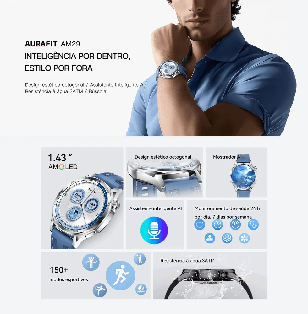 Smartwatch Aurafit Nexa 4 Am29, 1.43"amoLED Ip68 110+ Esportes Assistente De Voz, Conexão Strava 8