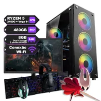 "Pc Gamer Completo Ryzen 5 2400G c/ Placa de Vídeo Vega 11, SSD 480GB, Ram 8GB, Wi-Fi, Fonte 500W e Monitor de 20"""