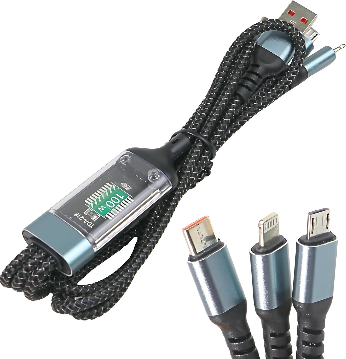 Cabo De Carregamento 3 Em 1, 100w, Usb Para Lightning/tipo-c/micro Usb, Nylon Trançado, LED, 1,1m