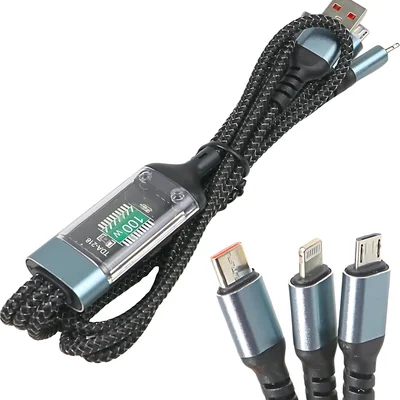 Cabo De Carregamento 3 Em 1, 100w, Usb Para Lightning/tipo-c/micro Usb, Nylon Trançado, LED, 1,1m