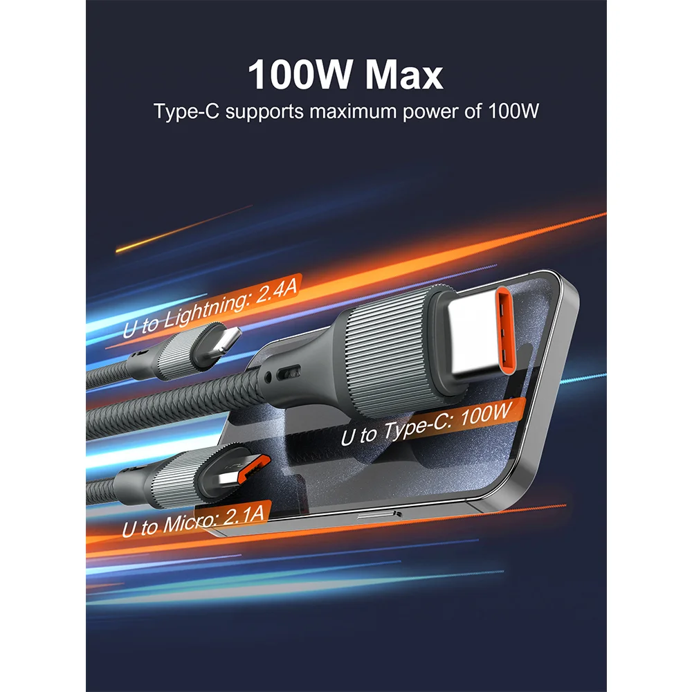 Imagem 3 de 5 do produto Cabo Usb Ldnio 3 Em 1 100w Usb C Microusb Lightning 1.2m