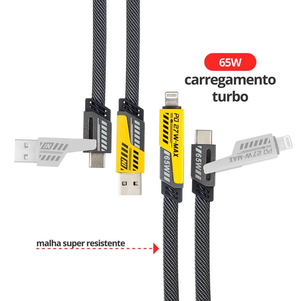 Imagem 2 de 5 do produto Cabo Turbo 4 Em 1 - Usb, Usb-c E Lightning Iphone Para Dados E Carregamento 65w - 1 Metro