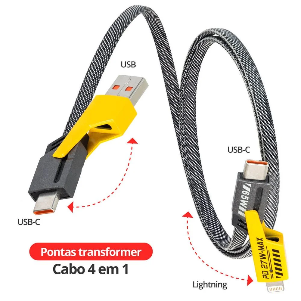 Imagem 4 de 5 do produto Cabo Turbo 4 Em 1 - Usb, Usb-c E Lightning Iphone Para Dados E Carregamento 65w - 1 Metro