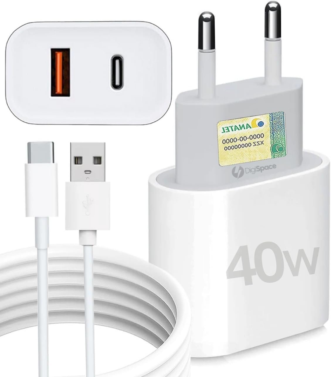Kit Carregador Super Turbo 40w Porta Dupla (usb-a + Usb-c) + Cabo Usb E Tipo-c, Compatível Com Todos Dispositivos,