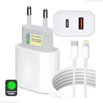 Carregador Turbo 40w Compatível Iphone 7 8 X Xr Xs 11 12 13 14 Pro Max Plus Ipad Ios Cabo Usb-c Lightning Duas Saídas Usb-a Tipo-c Carga Rápida Pd Ult